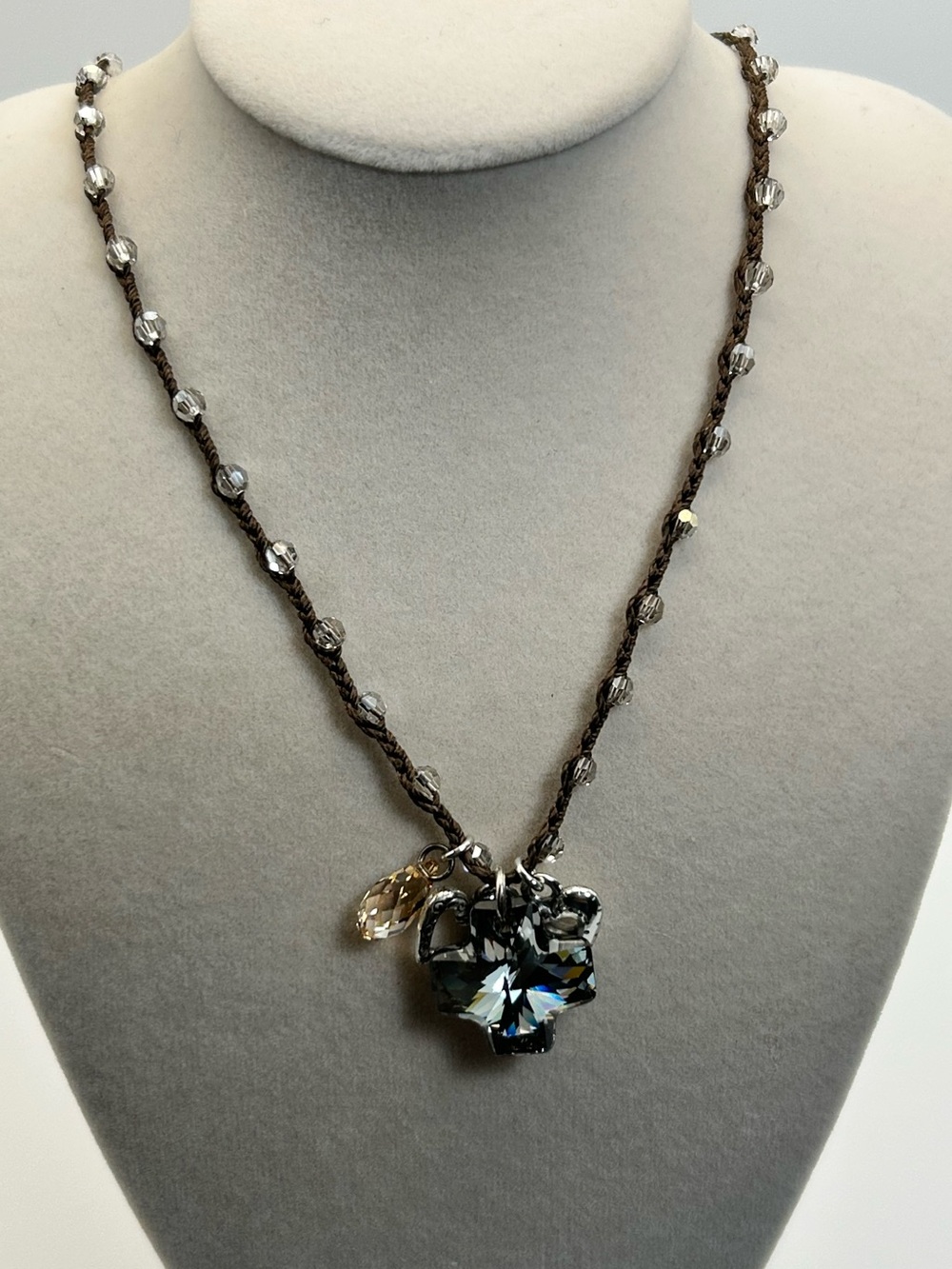 Brighton Karma Cross Necklace Brown Beaded Cord Smoky Gray Crystal Cross J45372 - Picture 3 of 14
